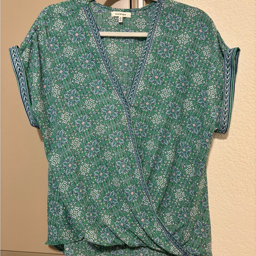 Max Studio Green Wrap Blouse with Cuffed Sleeves